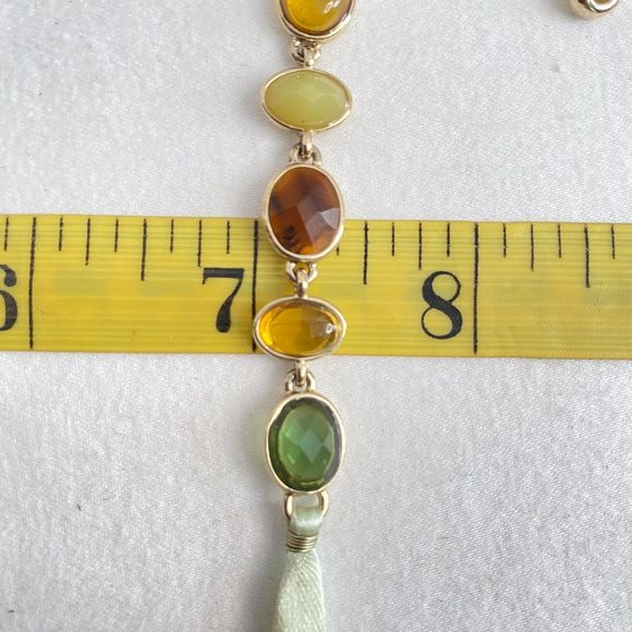 Dangling Pendant Necklace Brown Green Yellow Faceted StonesRibbon Neckline - Picture 13 of 13